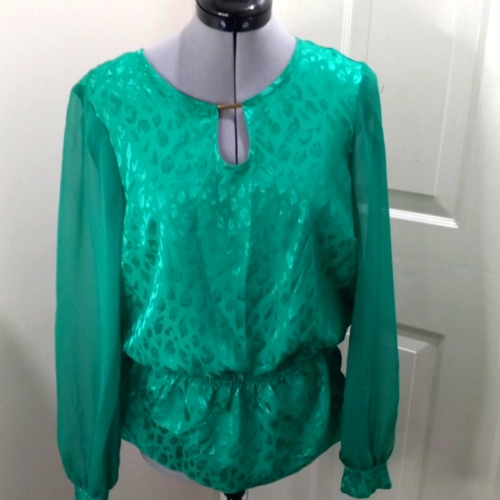 Eci N Y Kelly Green Ruffled Elastic Waist W/ Sheer Sleeves Size Med